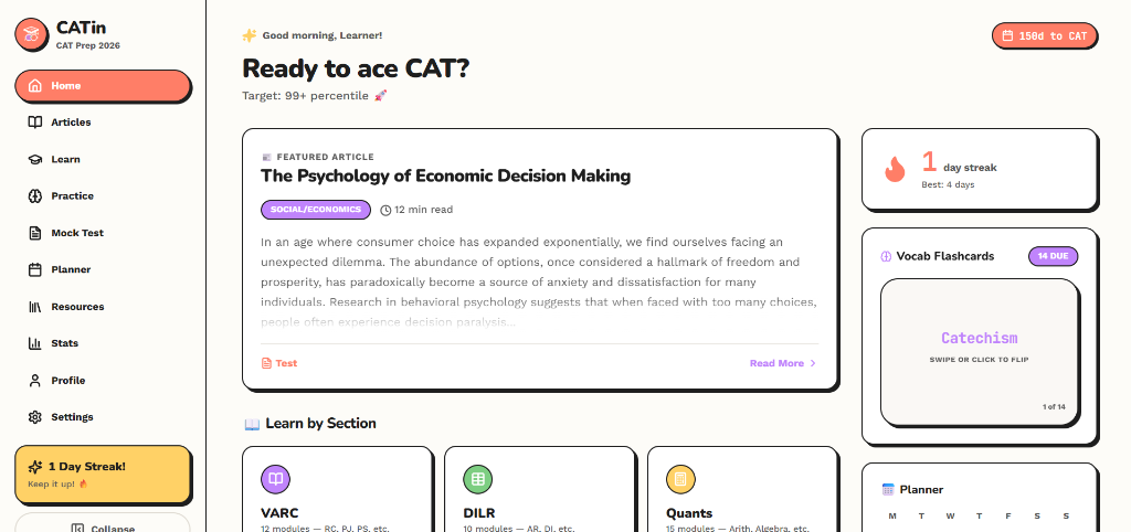 CATin Dashboard — daily tasks, streak tracking, personalized study plan